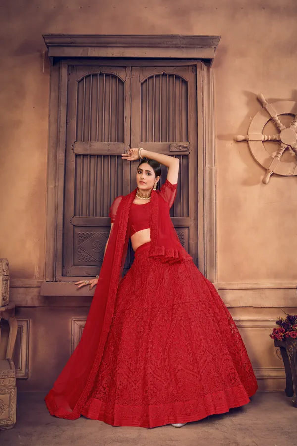 Red_Thread_Work_Lehenga_Choli_With_Dupatta_For_Women