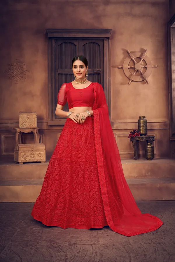 Red_Thread_Work_Lehenga_Choli_With_Dupatta_For_Women