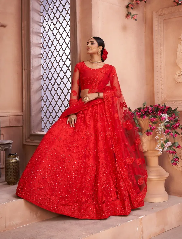 Red_Thread_Work_Lehenga_Choli_With_Dupatta_For_Women