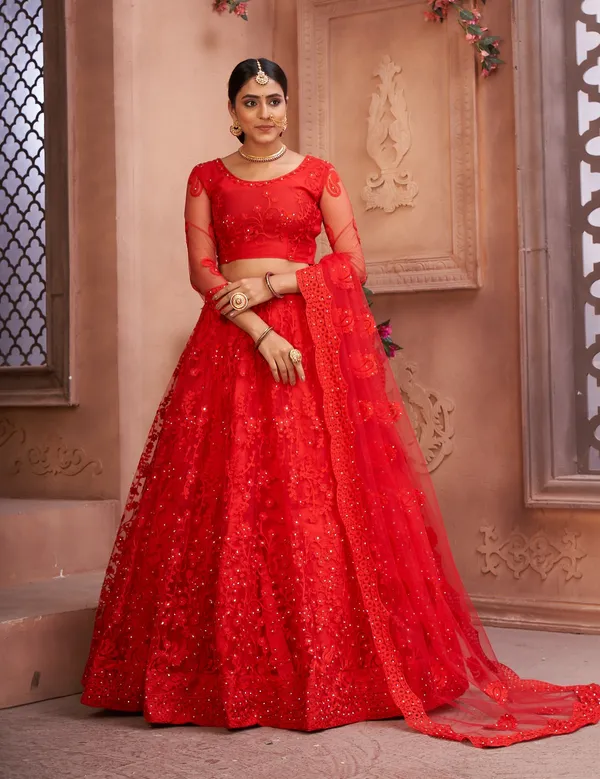 Red_Thread_Work_Lehenga_Choli_With_Dupatta_For_Women