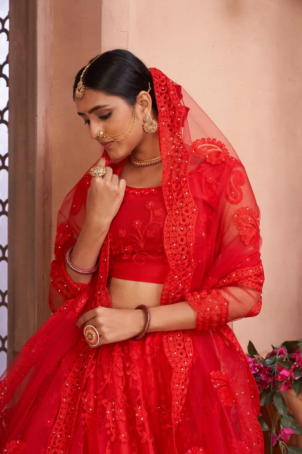 Red_Thread_Work_Lehenga_Choli_With_Dupatta_For_Women