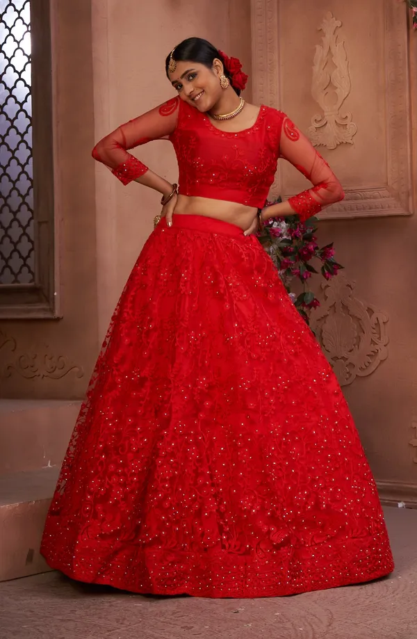 Red_Thread_Work_Lehenga_Choli_With_Dupatta_For_Women