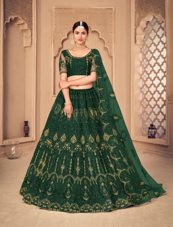 Dark_Green_Thread_Work_Lehenga_Choli_With_Dupatta_For_Women