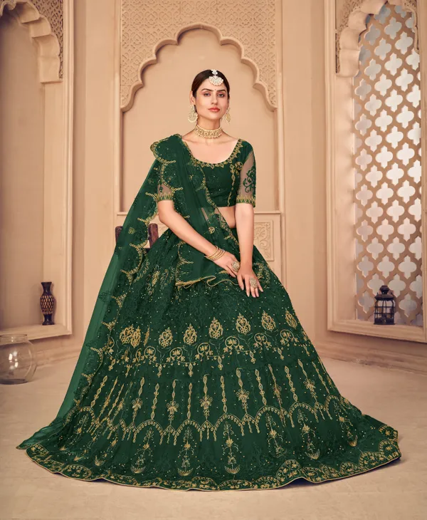 Dark_Green_Thread_Work_Lehenga_Choli_With_Dupatta_For_Women