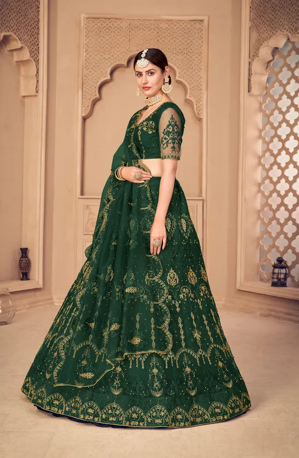 Dark_Green_Thread_Work_Lehenga_Choli_With_Dupatta_For_Women