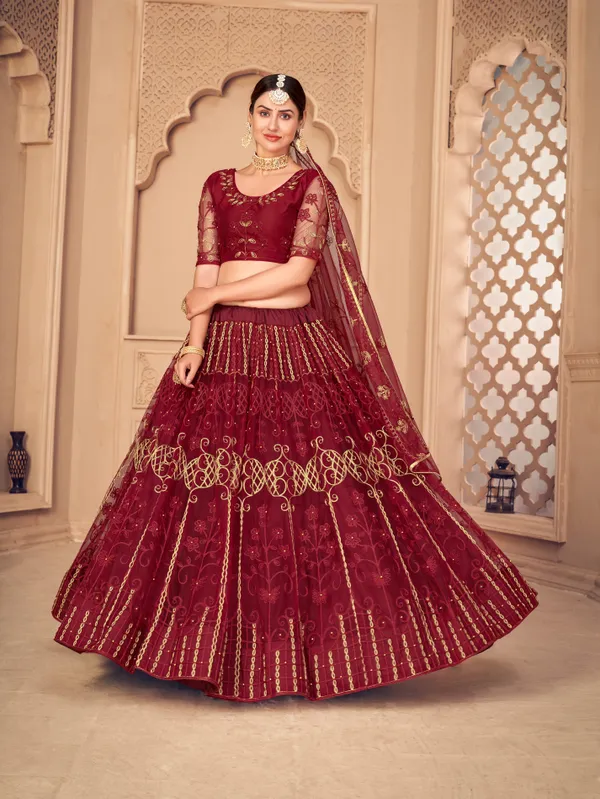 Maroon_Thread_Work_Lehenga_Choli_With_Dupatta_For_Women