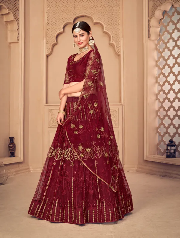 Maroon_Thread_Work_Lehenga_Choli_With_Dupatta_For_Women