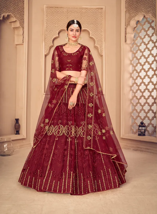 Maroon_Thread_Work_Lehenga_Choli_With_Dupatta_For_Women