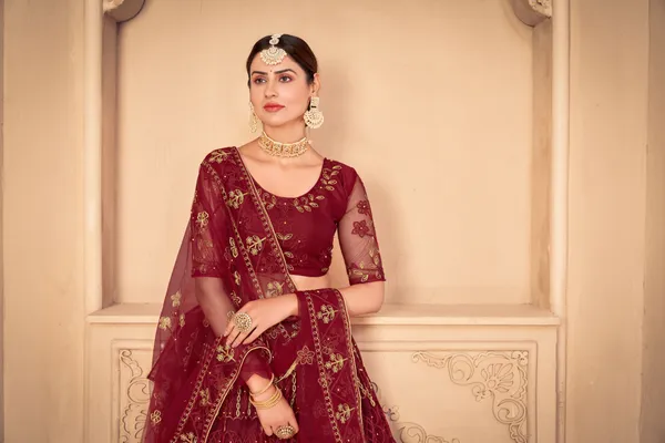Maroon_Thread_Work_Lehenga_Choli_With_Dupatta_For_Women