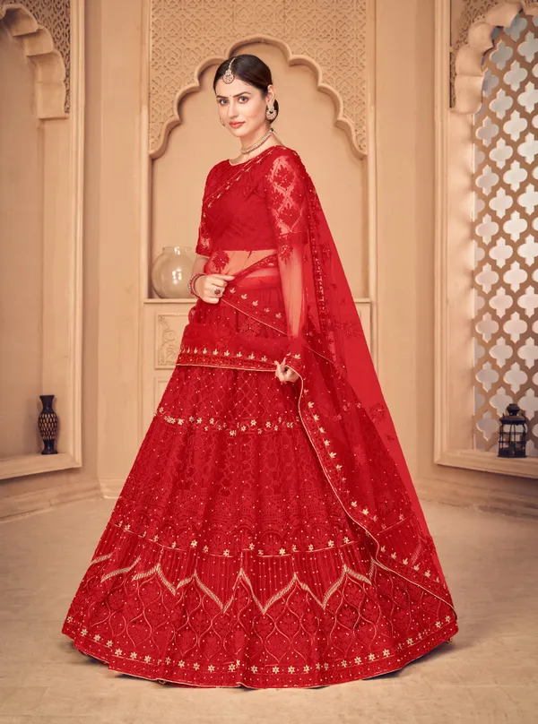 Red_Thread_Work_Lehenga_Choli_With_Dupatta_For_Women