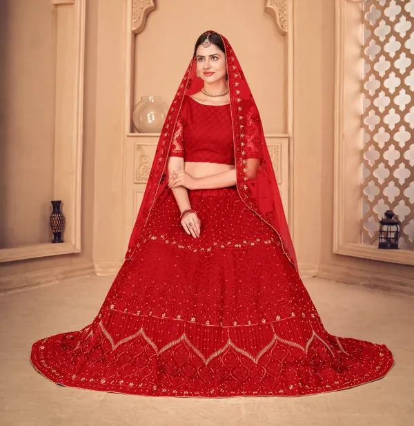 Red_Thread_Work_Lehenga_Choli_With_Dupatta_For_Women