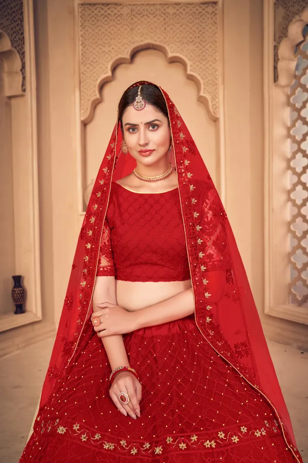 Red_Thread_Work_Lehenga_Choli_With_Dupatta_For_Women