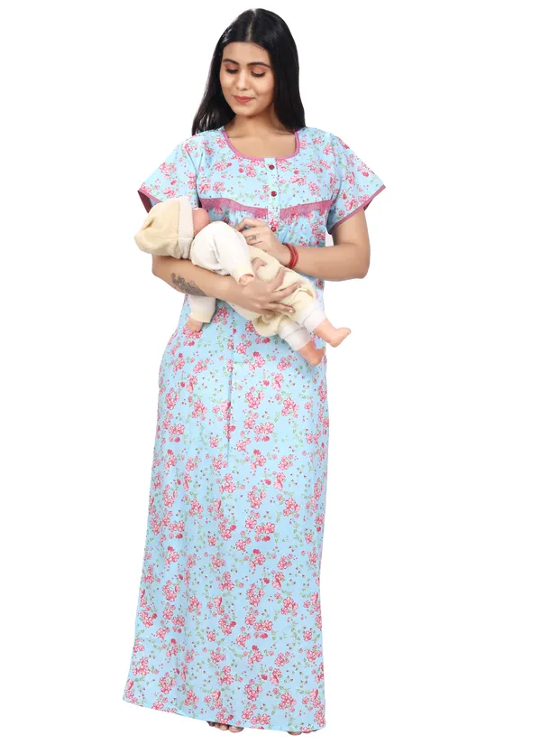 Blue_Cotton_All_Over_Print_Maternity_Nighty_For_Women