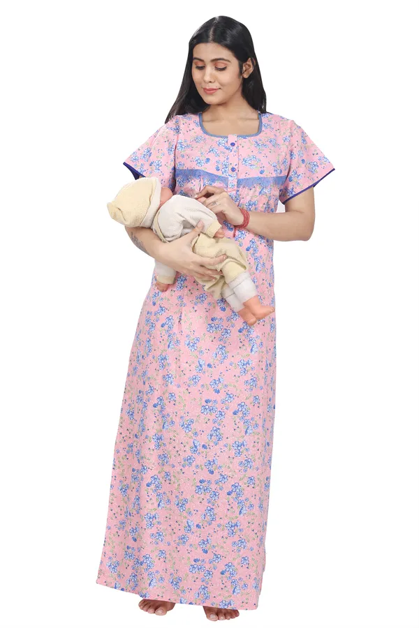 Pink_Cotton_All_Over_Print_Maternity_Nighty_For_Women