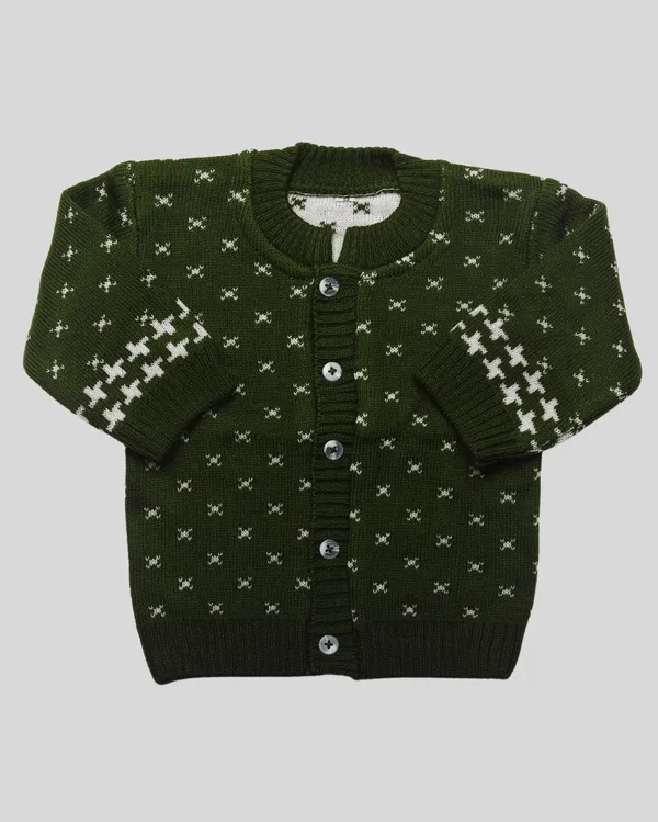 Dark_Green_Woolen_Round_Neck_Cardigan_Sweater_For_Baby_Girls_&_Boys