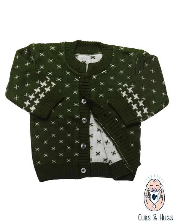 Dark_Green_Woolen_Round_Neck_Cardigan_Sweater_For_Baby_Girls_&_Boys