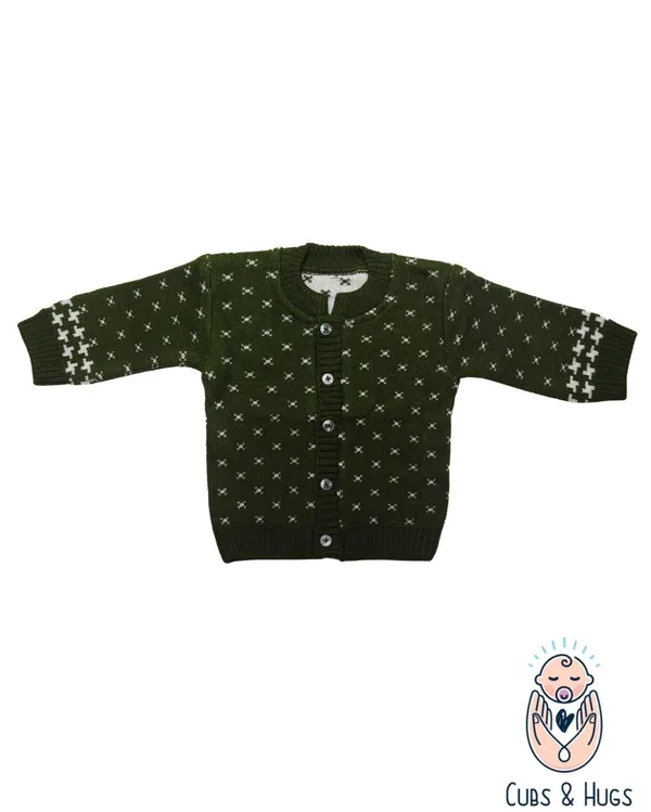 Dark_Green_Woolen_Round_Neck_Cardigan_Sweater_For_Baby_Girls_&_Boys