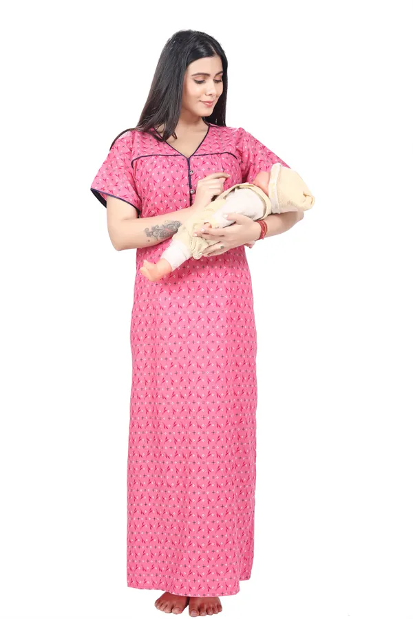 Pink_Cotton_All_Over_Print_Maternity_Nighty_For_Women