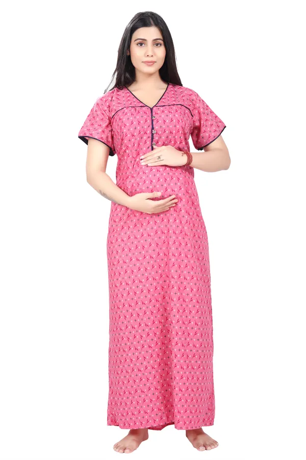 Pink_Cotton_All_Over_Print_Maternity_Nighty_For_Women