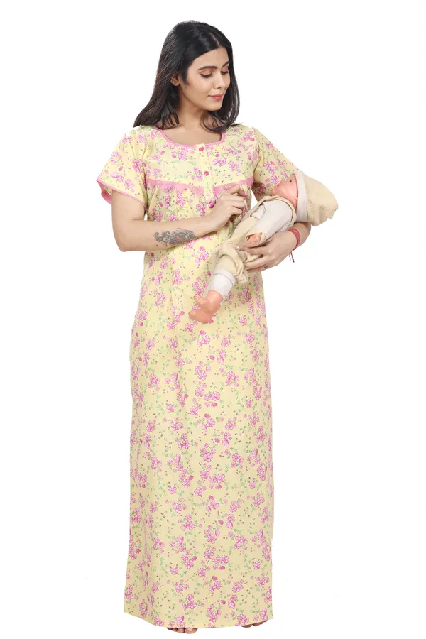 Lemon_Yellow_Cotton_All_Over_Print_Maternity_Nighty_For_Women