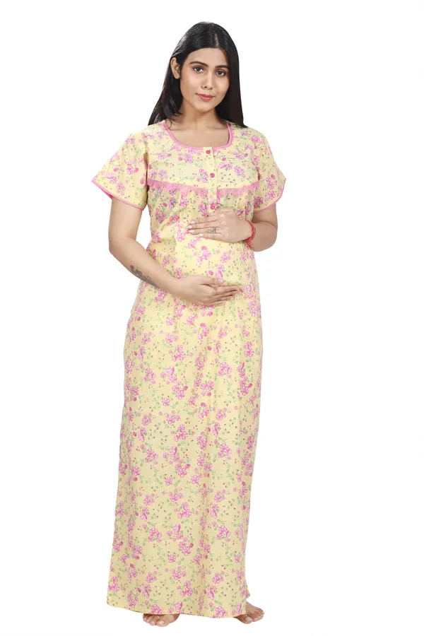 Lemon_Yellow_Cotton_All_Over_Print_Maternity_Nighty_For_Women