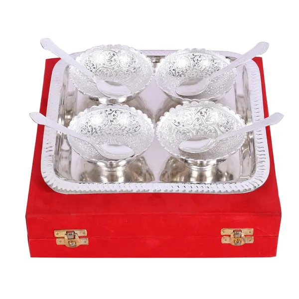 Celebration_Silver_Plated_Metal_Bowl_Set_With_Red_Velvet_Box_|_4_Bowl_with_4_Spoon_&_1_Tray