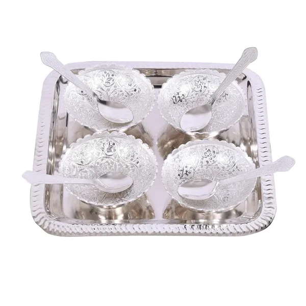 Celebration_Silver_Plated_Metal_Bowl_Set_With_Red_Velvet_Box_|_4_Bowl_with_4_Spoon_&_1_Tray