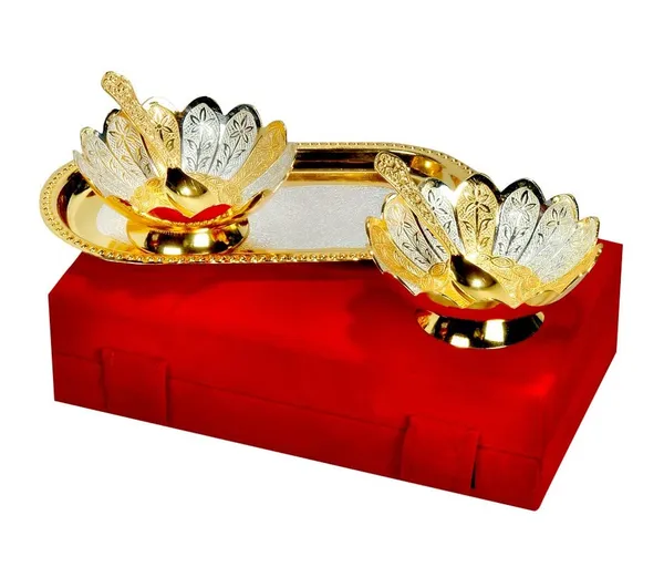 Pack_of_6_German_Floral_Gold_&_Silver_Plated_Bowl_with_Tray_Set_|_1_Tray_with_2_Bowls_(150_ml)_&_2_Spoons