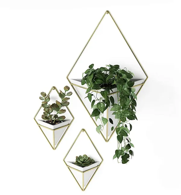 Set_Of_3_White_&_Gold_Gracious_World_Hanging_Planter_Vase_&_Geometric_Wall_Decor_Container,_Small,_White/Brass