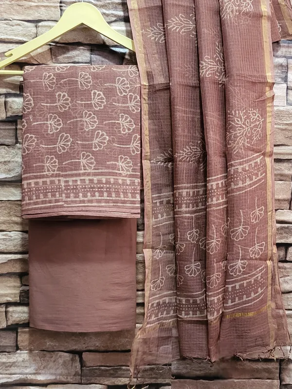 Brown - Ajrakh Bagru Hand Block Print Kota Doria Cotton Natural Dyed 3pc Unstitched Dress Material Suit Set 26