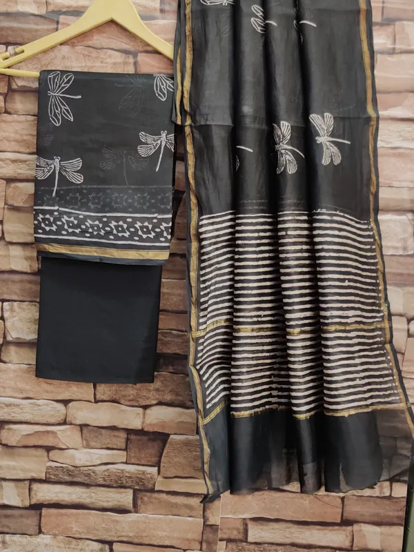 Hand_Printed_Black_Taditional_Butterfly_Print_Chanderi_Silk_Suit_For_Women