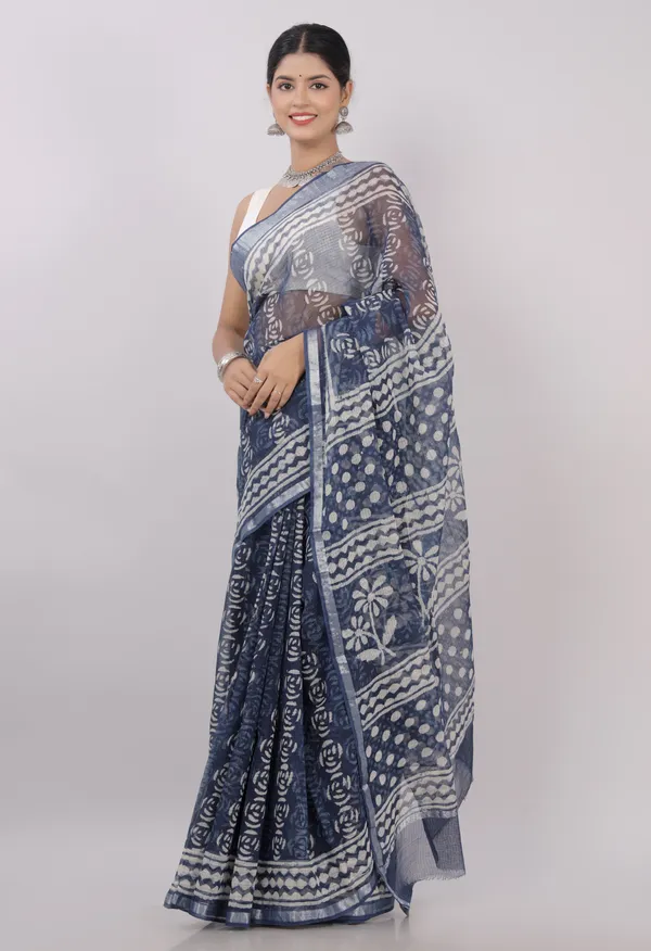 Hand_Printed_Indigo_Taditional_Vibrant_Print_Kota_Doria_Saree_For_Women