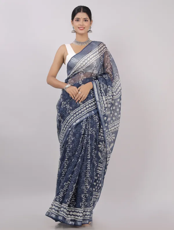 Hand_Printed_Indigo_Taditional_Vibrant_Print_Kota_Doria_Saree_For_Women