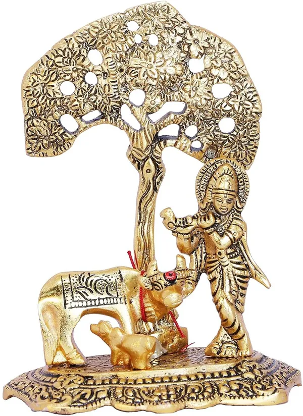 Golden_Metal_Krishna_With_Cow_Standing_Under_Tree_Plying_Flute_Decorative_Showpiece