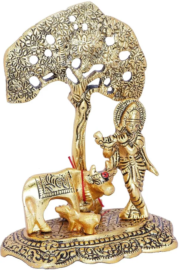 Golden_Metal_Krishna_With_Cow_Standing_Under_Tree_Plying_Flute_Decorative_Showpiece