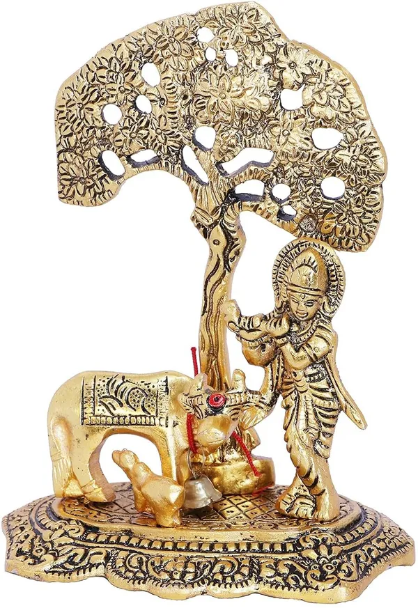Golden_Metal_Krishna_With_Cow_Standing_Under_Tree_Plying_Flute_Decorative_Showpiece