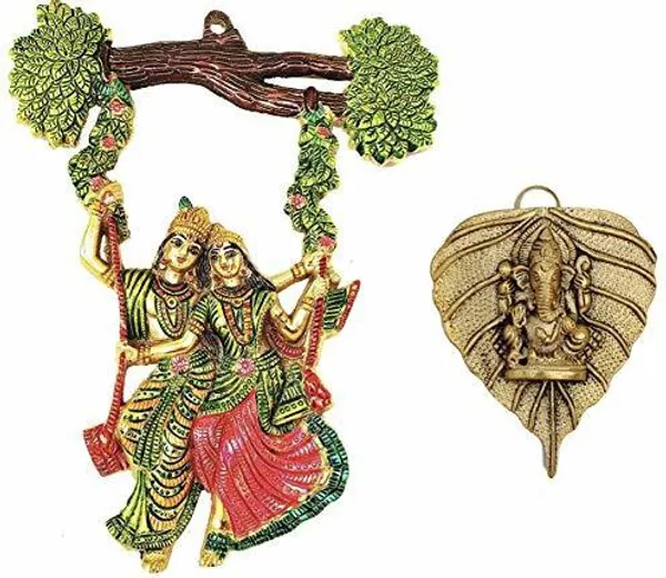 Golden_Metal_Combo_Radha_Krishna_Tree_Jhula_And_Ganesha_On_Leaf_Decorative_Showpiece