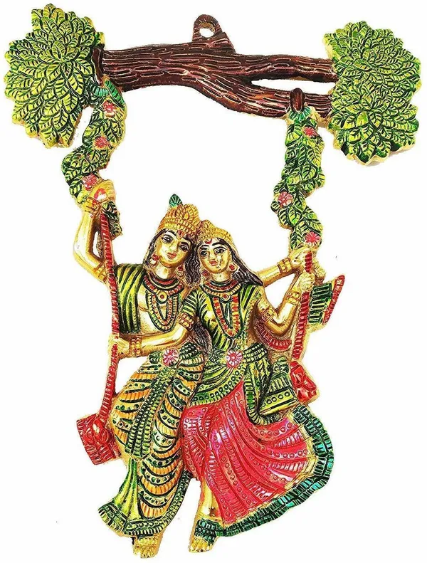 Golden_Metal_Combo_Radha_Krishna_Tree_Jhula_And_Ganesha_On_Leaf_Decorative_Showpiece