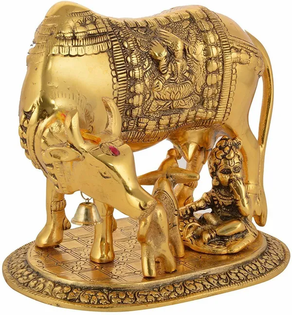 Golden_Metal_Krishna_With_Religious_Kamdhenu_Cow_With_Calf_Handmade_Handicraft_For_Home_Decor_Gift_Item_Decorative_Showpiece