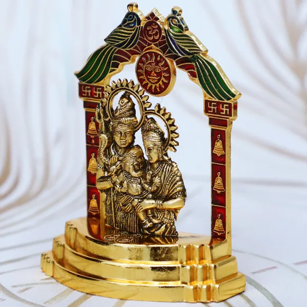 Golden_Metal_Shiv_Parivar_/_Shiv_Parvati_With_Ganesh_Decorative_Showpiece