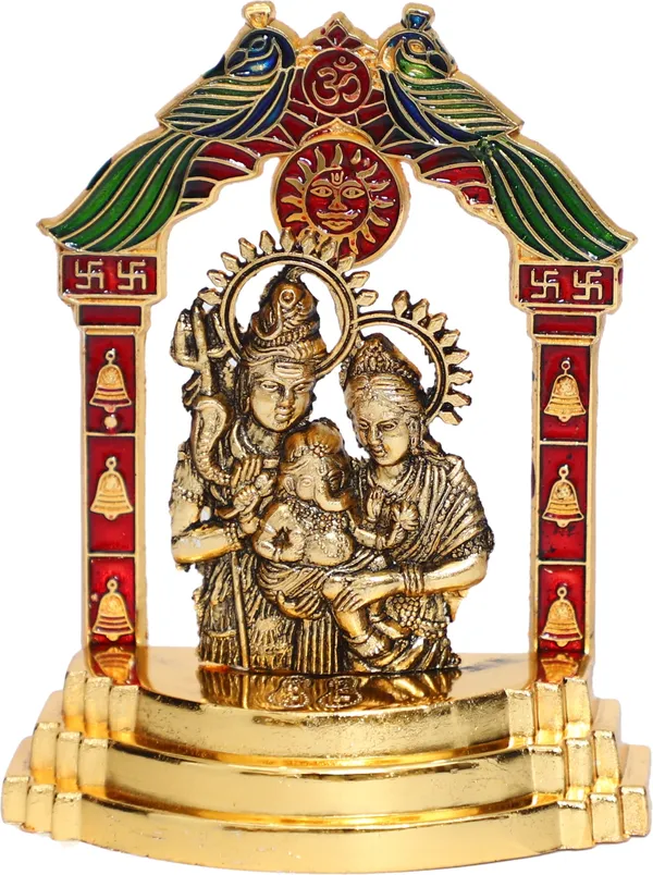 Golden_Metal_Shiv_Parivar_/_Shiv_Parvati_With_Ganesh_Decorative_Showpiece
