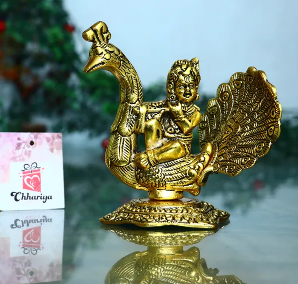 Golden_Metal_Krishna_Sitting_On_Peacock_And_Playing_Flute_Wi_Decorative_Showpiece