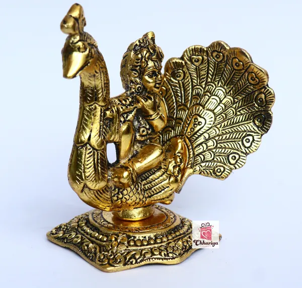 Golden_Metal_Krishna_Sitting_On_Peacock_And_Playing_Flute_Wi_Decorative_Showpiece