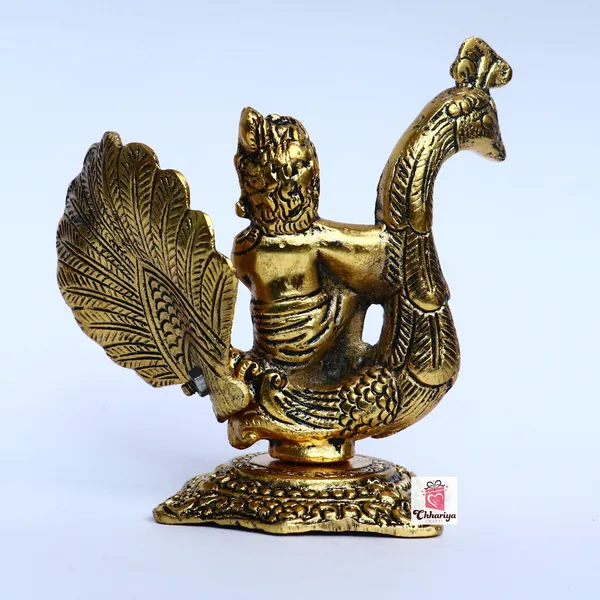 Golden_Metal_Krishna_Sitting_On_Peacock_And_Playing_Flute_Wi_Decorative_Showpiece