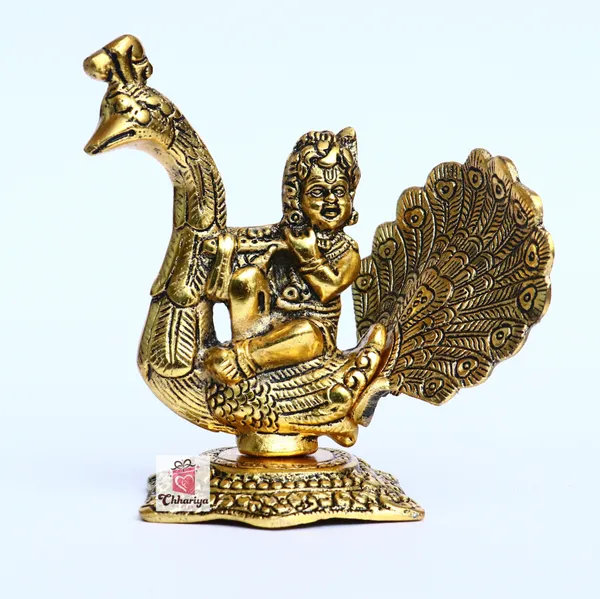 Golden_Metal_Krishna_Sitting_On_Peacock_And_Playing_Flute_Wi_Decorative_Showpiece