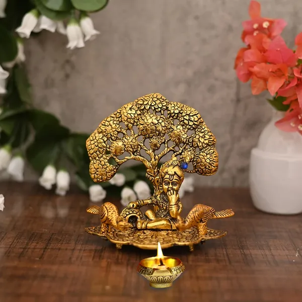 Golden_Metal__Krishna_Sitting_Under_Tree_With_Peacock_And_Diya_Decorative_Showpiece
