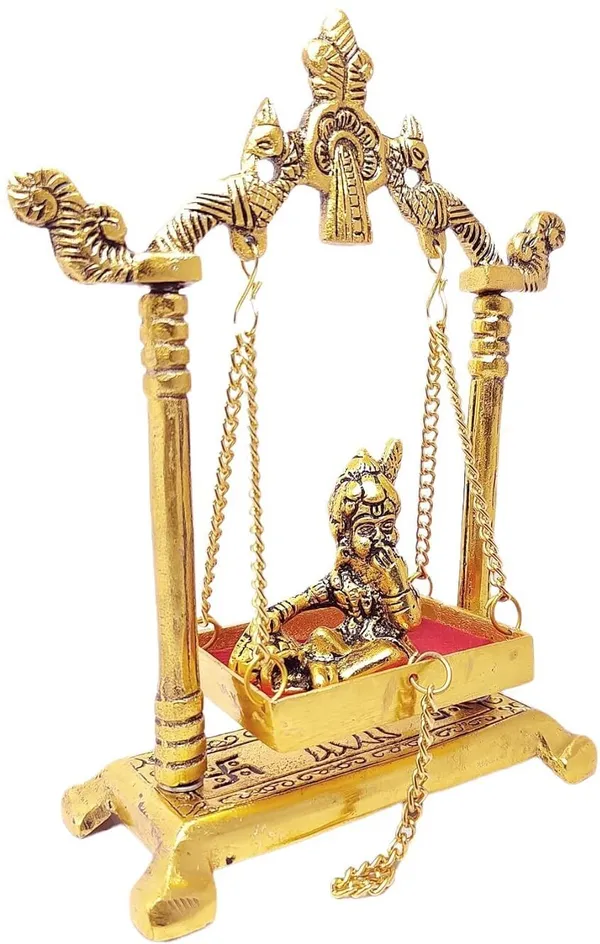 Golden_Metal_Krishna_Idol_On_Swing_Jhula_Laddu_Gopal_With_Jhula_For_Home_And_Office_Decorative_Showpiece