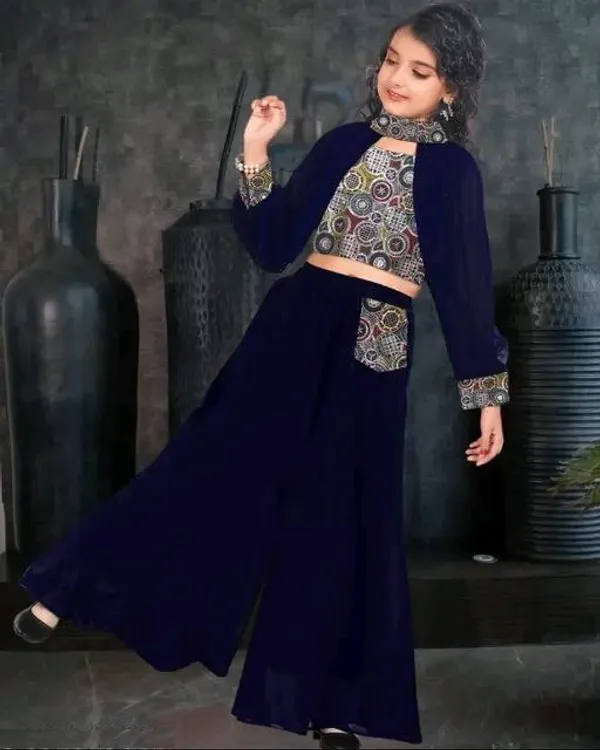Blue_Girls_Full_Stitched_Kurta_Palazzo_Set_Have_Embroide_Top_And_With_Palazzo