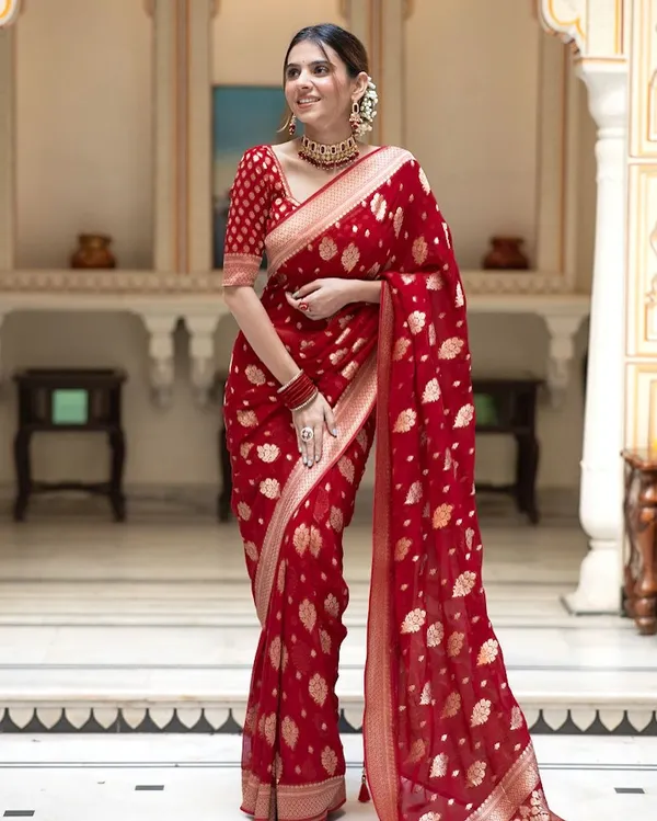 Cherry_Red_Soft_Cotton_Weave_Saree_With_Unstitched_Blouse_For_Women