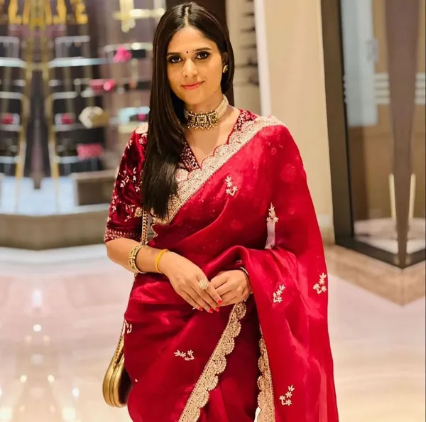 Cherry_Red_Khadi_Organza_Embroidered_Saree_For_Women